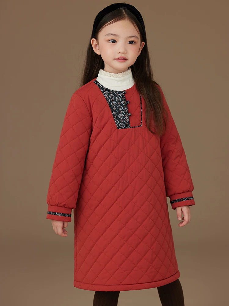 Áo khoác cotton dài vừa phải cho trẻ em mùa đông, áo khoác ấm cho bé gái, váy dài tay màu đỏ kiểu Trung Quốc mới, dày dặn.