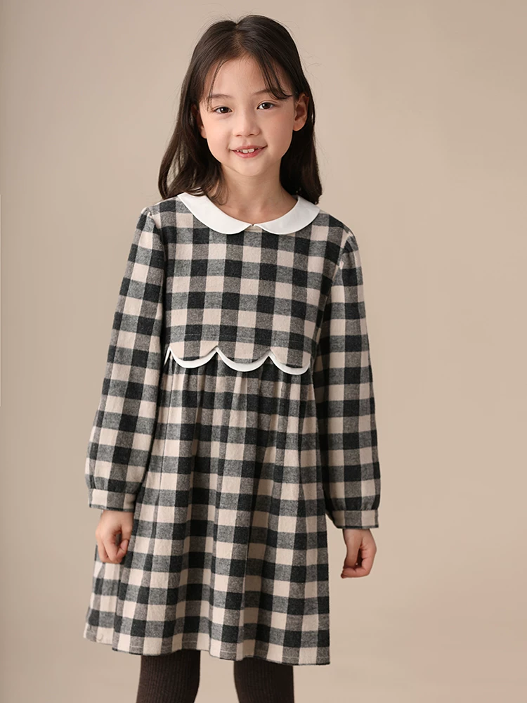 Hazi Quần Áo Trẻ Em Mùa Đông Hàng Mới Về Bé Gái Nguyên Chất Cotton Lót Lông Cừu Cổ Búp Bê Kẻ Sọc Ren Tay Dài Ấm Áp đầm