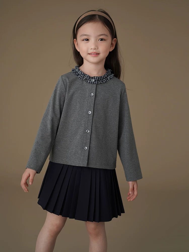 Quần áo trẻ em áo len dệt kim mùa xuân thu màu xám phong cách Hàn Quốc áo khoác mỏng đơn giản kiểu cổ điển dành cho bé gái lớn hơn
