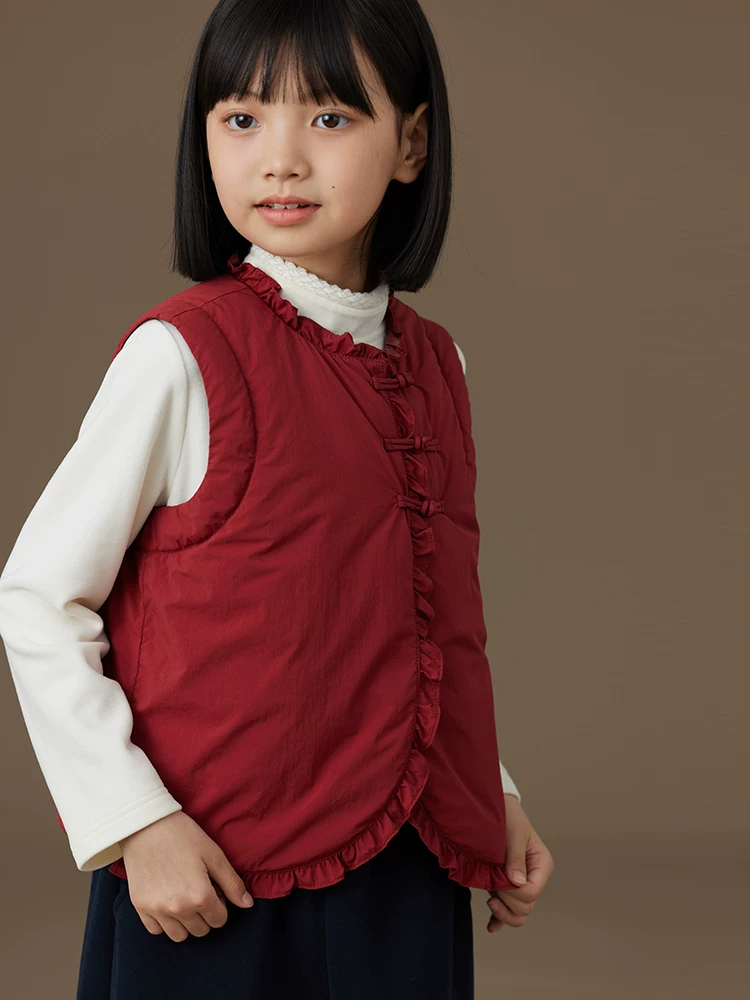 Quần áo trẻ em áo khoác cotton màu đỏ thiết kế theo phong cách Trung Quốc mới áo vest có đệm cho bé gái lớn hơn mùa thu đông
