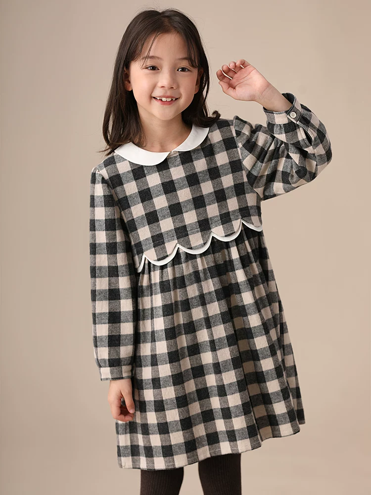 Hazi Quần Áo Trẻ Em Mùa Đông Hàng Mới Về Bé Gái Nguyên Chất Cotton Lót Lông Cừu Cổ Búp Bê Kẻ Sọc Ren Tay Dài Ấm Áp đầm