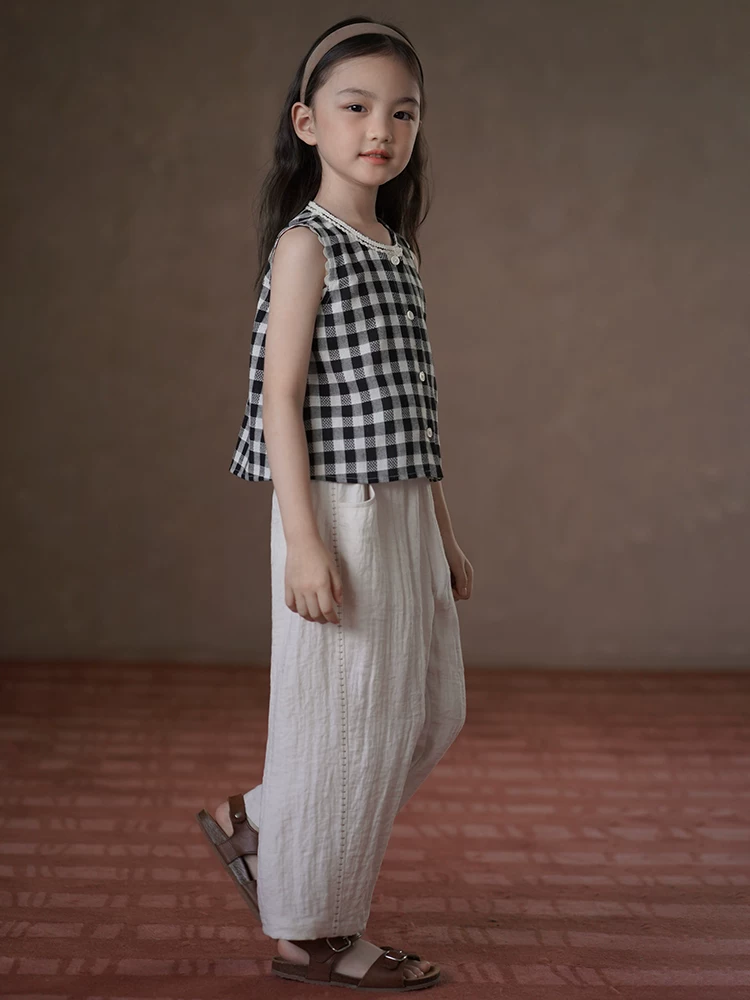 Quần áo trẻ em mùa hè mỏng kiểu Hàn Quốc, áo ba lỗ kẻ caro, áo sơ mi nữ, áo gile cổ điển, phong cách thường ngày cho bé gái