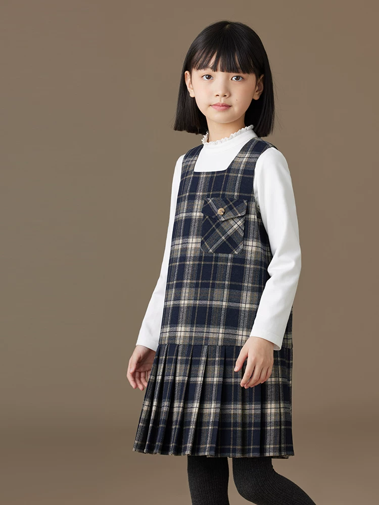 Váy vest kẻ sọc trẻ em, váy không tay cổ điển đa năng dành cho bé gái, quần áo mùa thu cho trẻ lớn.