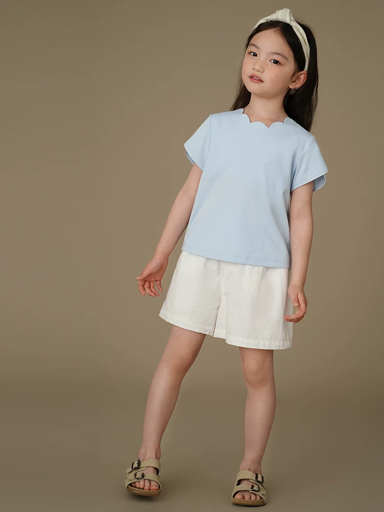 Quần áo trẻ em mùa hè kiểu dáng mới thiết kế đơn giản Áo thun ngắn tay thân thiện với da cho bé gái áo màu xanh cho trẻ lớn hơn
