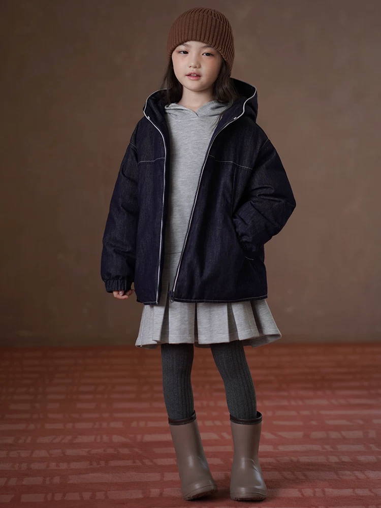 Áo khoác denim có mũ trùm đầu cho trẻ em, kiểu dáng đơn giản và rộng rãi, bé trai và bé gái, quần áo cotton 3M Thinsulate, giữ ấm mùa đông