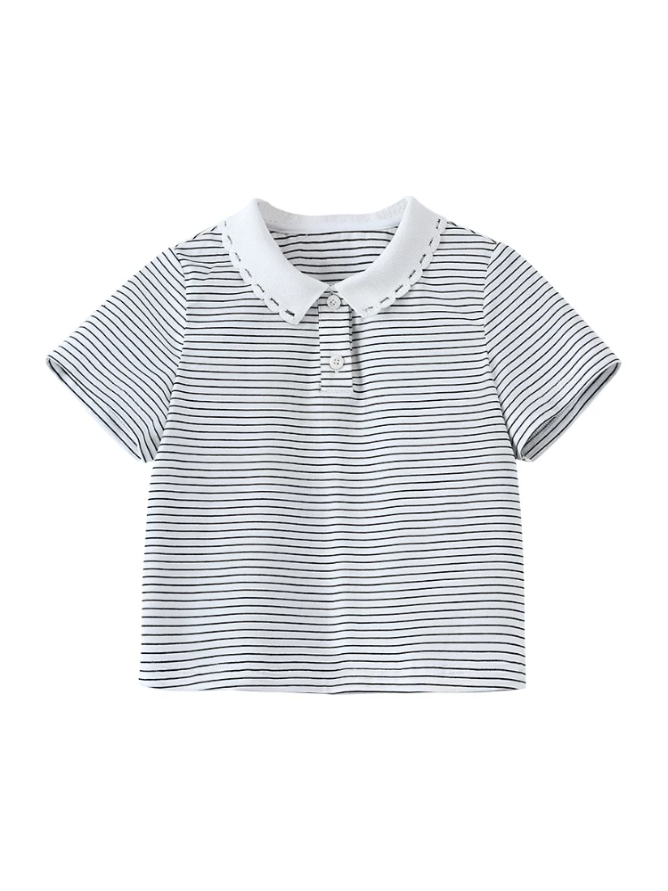 Áo len mỏng mùa hè cho trẻ em, áo thun ngắn tay cho bé gái, áo sơ mi POLO sọc cổ cánh hoa cho bé gái