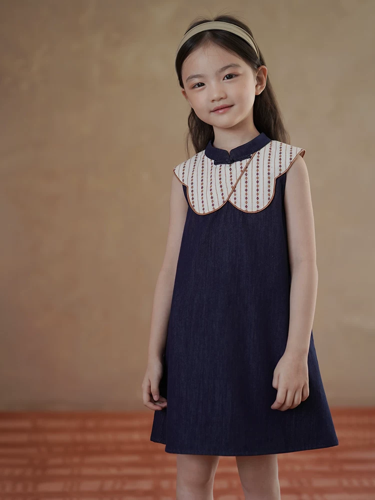 Váy mỏng mùa hè cho trẻ em, váy hai dây kiểu Trung Quốc mới, váy denim cho bé gái, váy chắp vá cổ điển cho bé gái.
