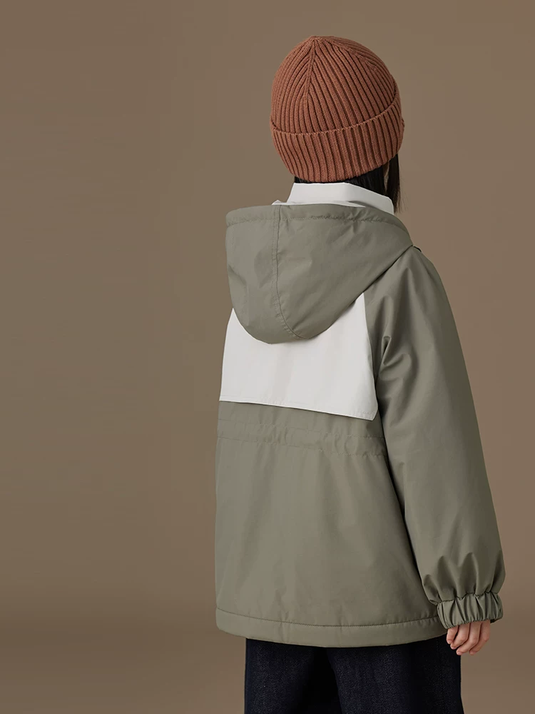 Áo khoác cotton màu xanh quân đội dành cho trẻ em, dày dặn và ấm áp, áo khoác ba lớp chống thấm ngoài trời cho bé trai và bé gái mùa thu đông