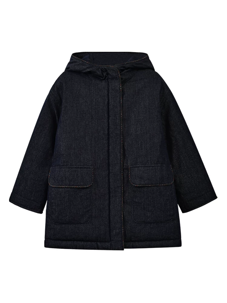 Quần áo trẻ em mùa thu đông áo khoác có mũ trẻ em dáng rộng phong cách retro denim cotton áo khoác bé trai bé gái áo dài trung bình