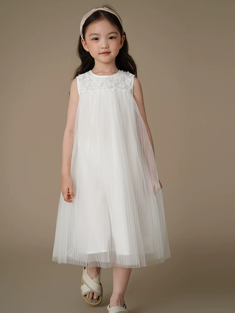 Quần áo trẻ em váy vải tuyn màu trắng như cổ tích váy công chúa cho bé gái váy trang trọng đơn giản và phong cách cho bé gái mùa hè