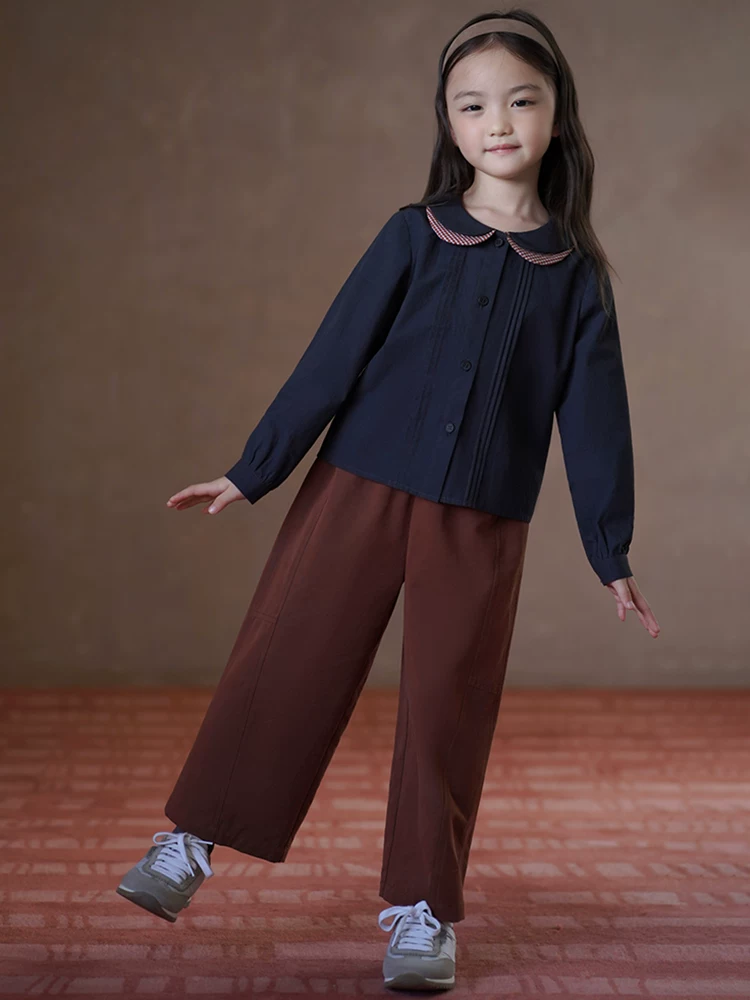 Quần áo trẻ em cho mùa xuân và mùa thu, áo sơ mi bé gái cổ búp bê phối màu phong cách Hàn Quốc ngọt ngào, trang phục mùa thu bằng cotton thân thiện với làn da.