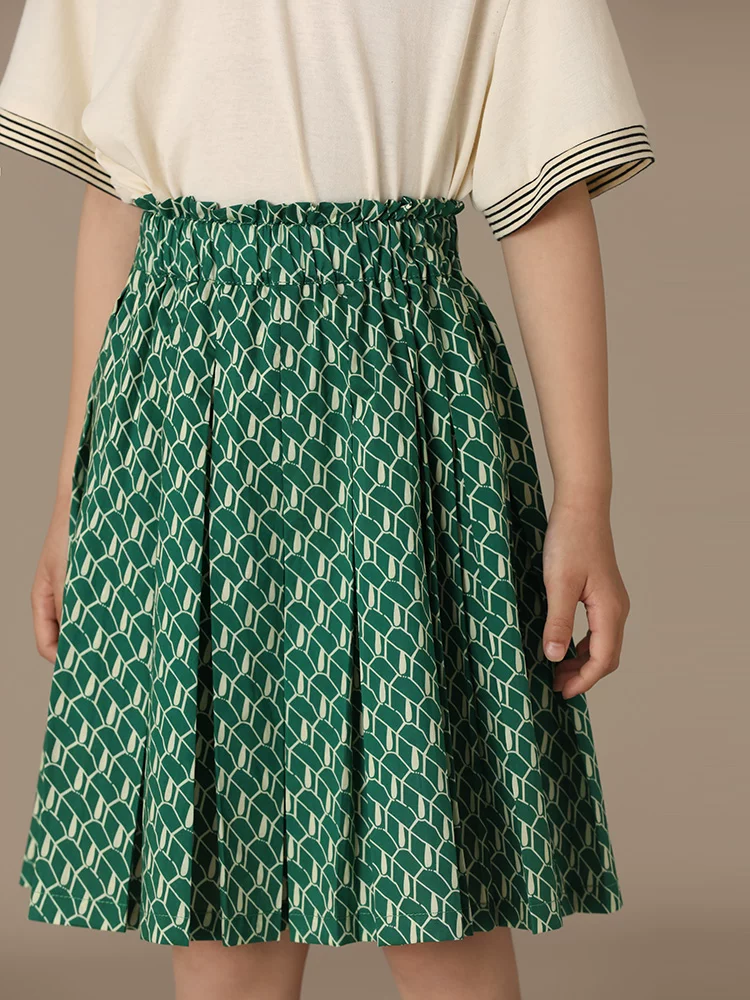 Quần áo trẻ em Ha Chi Xuân/Hè Mẫu mới in hình học cổ điển Phong cách mẹ và con gái Váy xếp ly dáng A cạp cao dành cho bé gái