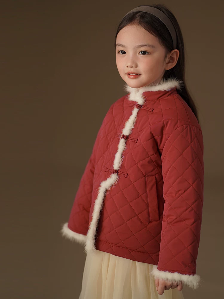 Quần áo cotton mùa đông cho trẻ em có cổ lông thật, áo khoác dày cho bé gái, trang phục Tết kiểu Trung Quốc mới màu đỏ cho bé gái.