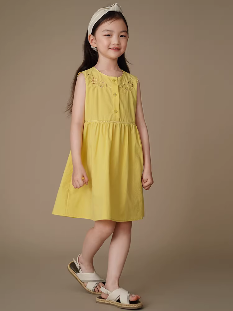 Quần áo trẻ em Hazi Váy midi thêu màu vàng cho bé gái, Váy ba lỗ cho trẻ lớn hơn, Trang phục mùa hè, Thoáng mát và thoáng khí