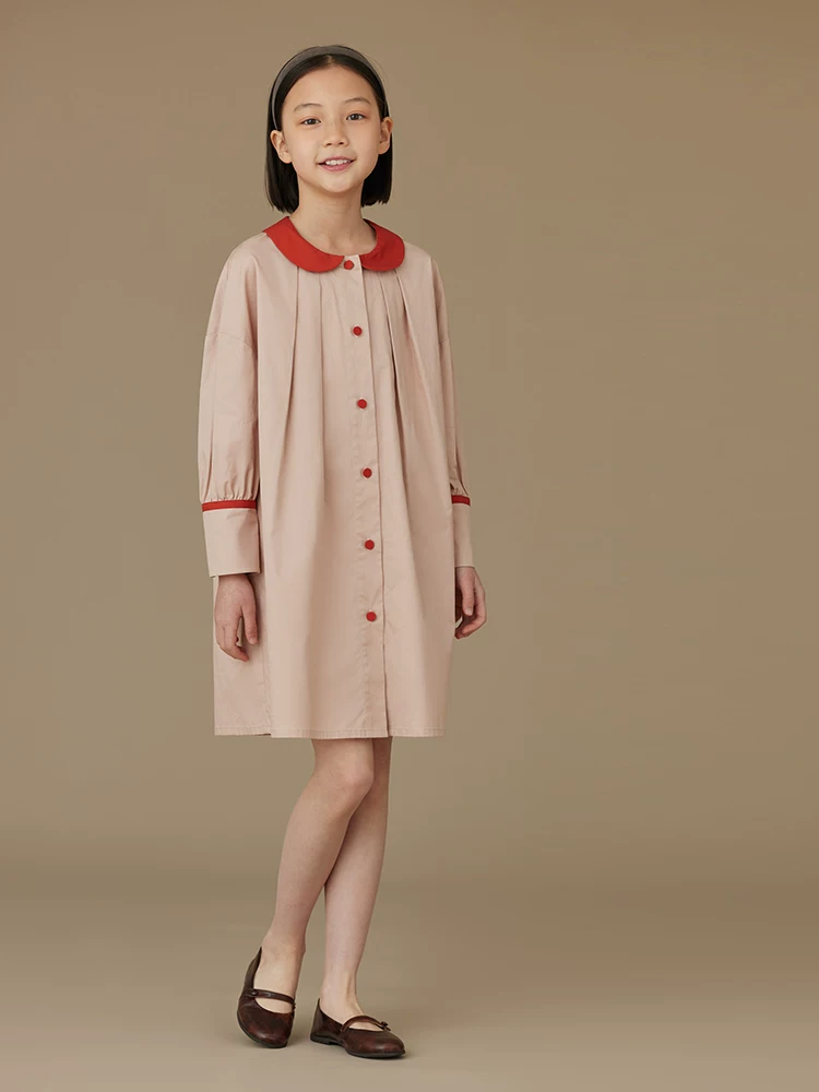 Quần áo trẻ em mùa xuân thu áo sơ mi trẻ em màu hồng ngọt ngào cotton nguyên chất phối màu cổ Peter Pan váy dài tay cho bé gái