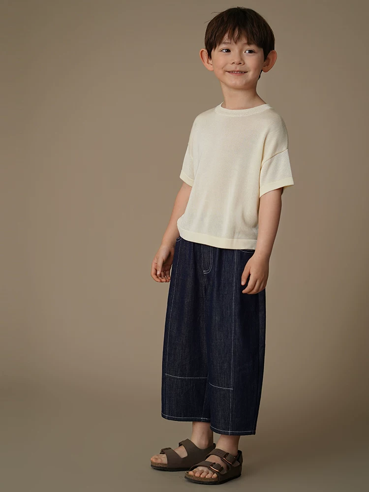 Quần thường ngày cho trẻ em, quần ống rộng dáng rộng và đơn giản, quần dài denim cho bé trai và bé gái, kiểu dáng mỏng mùa hè.
