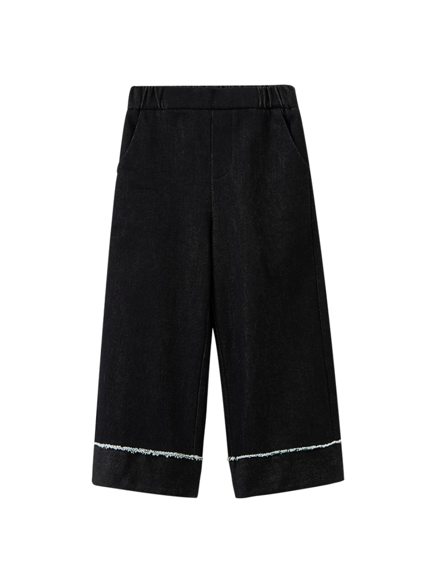 Quần denim mùa đông cho trẻ em, quần dài đen đơn giản, phong cách thường ngày dành cho bé gái, quần ống thẳng có lớp lót lông cừu giữ ấm.