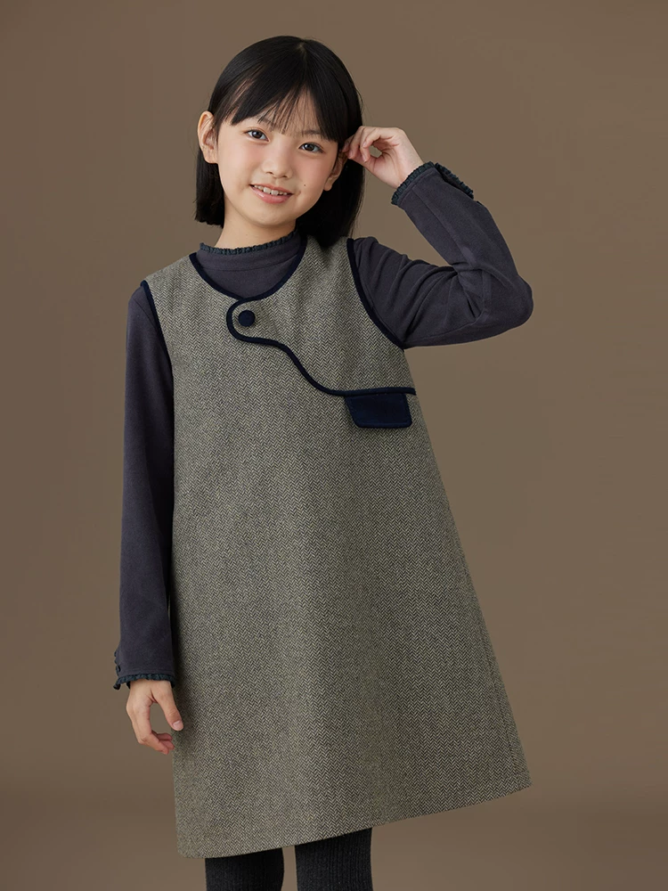 Hazi Quần Áo Trẻ Em Trẻ Em Áo Vest Đầm Vintage Cổ Áo Len Đơn Giản Cao Cấp Nữ Thu Đông Quần Áo 2024 Phong Cách Mới