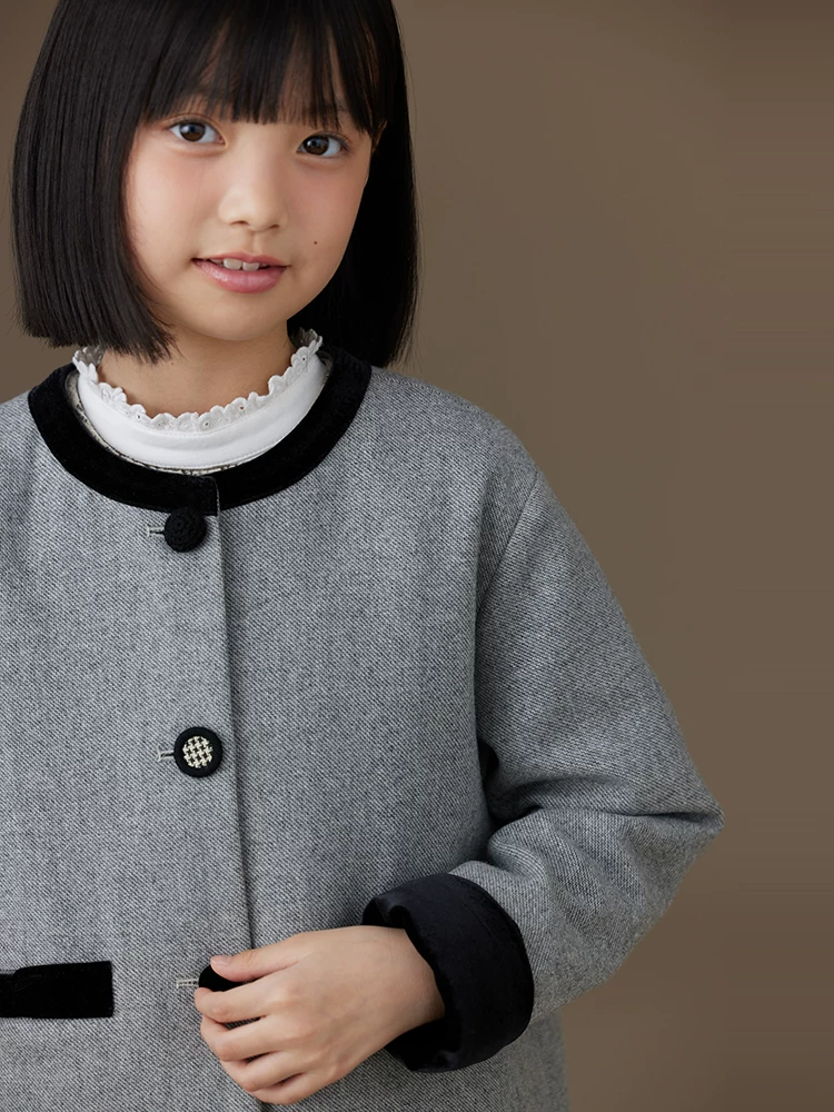 Quần áo trẻ em cho mùa thu đông, áo khoác len kiểu tweed màu xám cho bé gái, áo khoác len dài cho trẻ lớn.