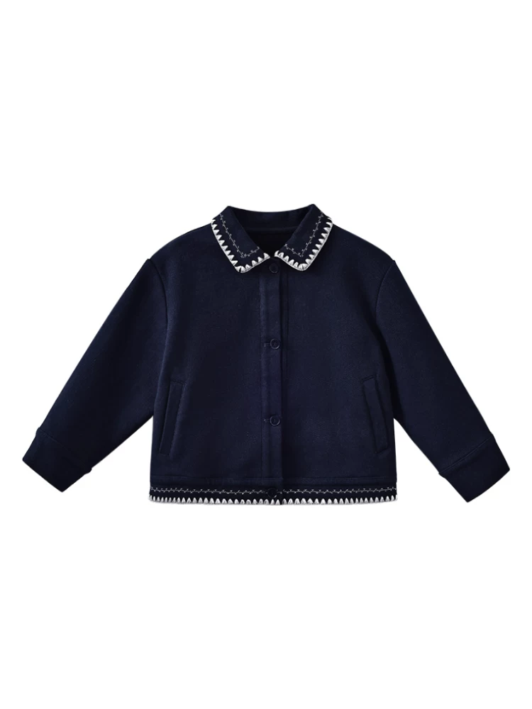 Áo khoác nỉ thu đông trẻ em cho bé trai và bé gái, áo màu xanh navy, thêu nặng, trang phục mùa thu, 25 kiểu mới