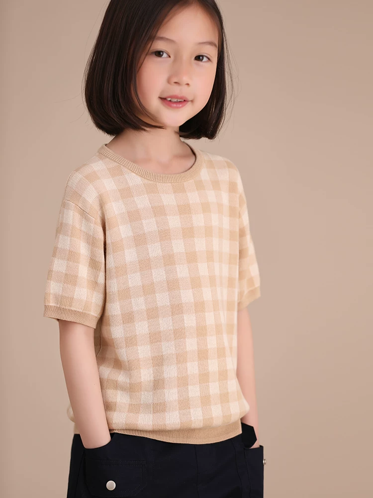 Áo dệt kim mùa hè ngắn tay kẻ sọc dành cho trẻ em, áo thun cổ tròn bằng cotton thân thiện với da dành cho bé trai và bé gái.