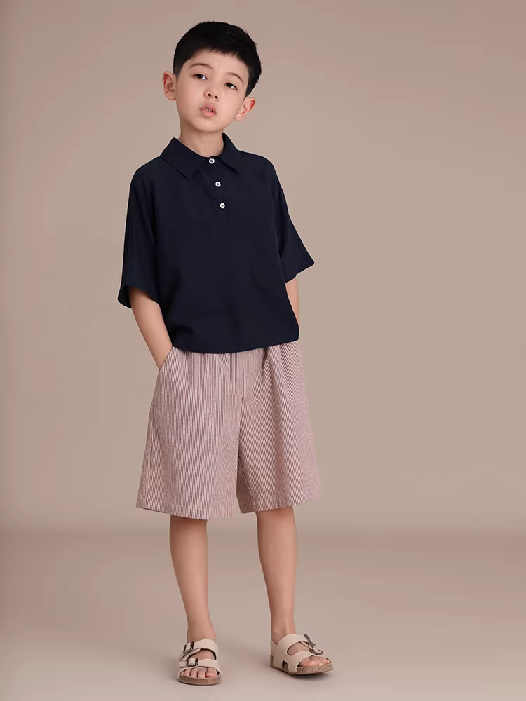 Quần áo trẻ em Hazi Mùa thu mới về cho bé trai và bé gái Sọc cotton nguyên chất dáng rộng thẳng giản dị lưng thun đa năng Quần short năm điểm