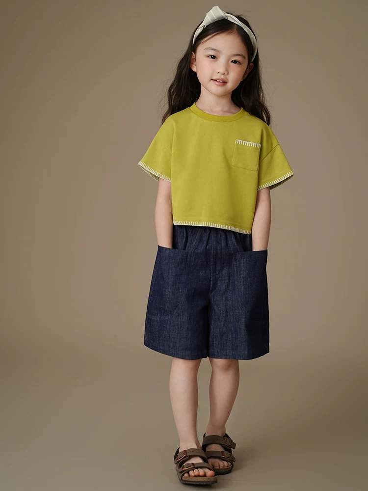 Quần thường ngày mùa hè cho trẻ em, quần năm điểm dáng rộng đơn giản, quần short denim cho bé trai và bé gái, cotton thân thiện với làn da.
