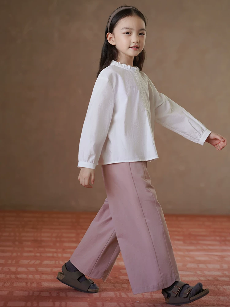 Quần áo trẻ em xuân thu phong cách Hàn Quốc quần âu cotton thân thiện với da màu hồng ngọt ngào quần thẳng bé gái quần dài rộng