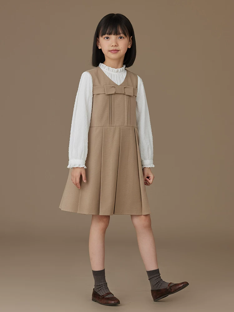 Váy áo vest trẻ em cho mùa xuân và mùa thu, váy xếp ly nơ ngọt ngào, váy không tay đa năng, phong cách thường ngày dành cho bé gái.