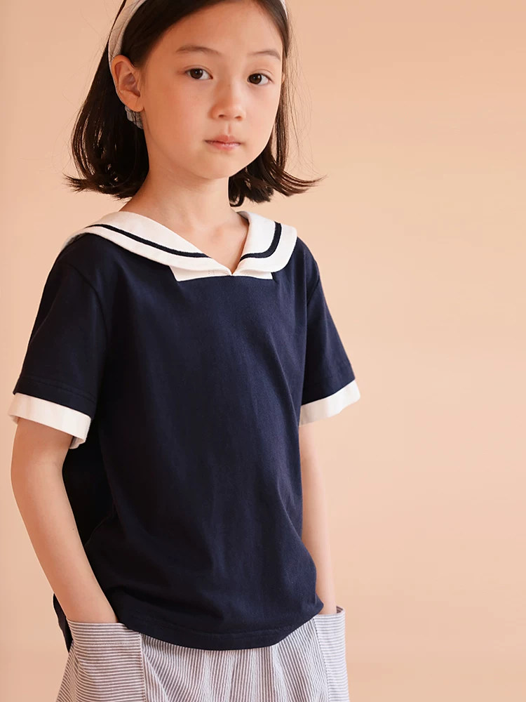 Quần áo trẻ em Hazi Bộ sưu tập mới Xuân/Hè dành cho bé gái Phong cách cha mẹ và con cái Áo thun cotton Nhật Bản dáng rộng cổ thủy thủ tay ngắn