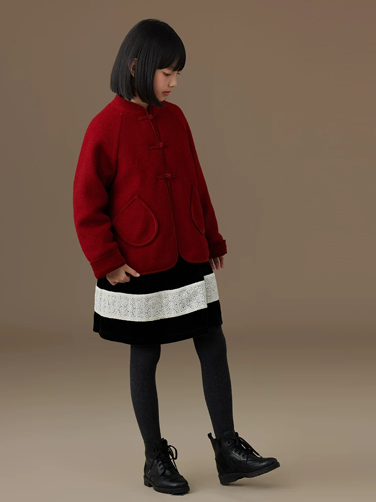 Áo khoác len trẻ em cho mùa thu đông, áo ấm màu đỏ, quần áo cotton phong cách Trung Hoa mới cho bé trai và bé gái, trang phục năm mới.