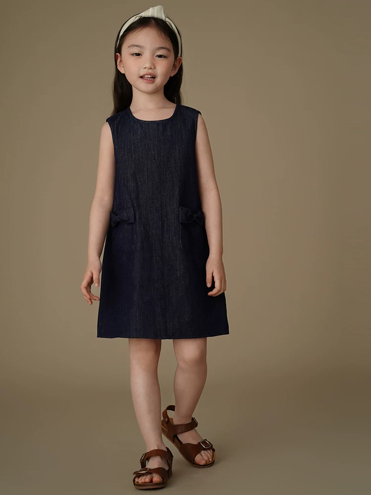 Quần áo trẻ em Ha Chi Váy ba lỗ trẻ em Xuân/Hè Váy denim đơn giản và cao cấp dành cho bé gái lớn hơn Phong cách mùa hè mới