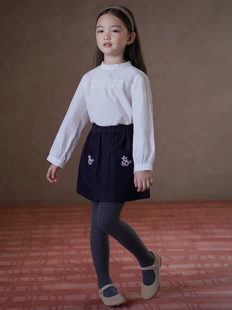 Quần áo trẻ em xuân thu Váy chữ A phong cách thường ngày đa năng Váy thêu cho bé gái Váy denim cổ điển dành cho trẻ lớn hơn