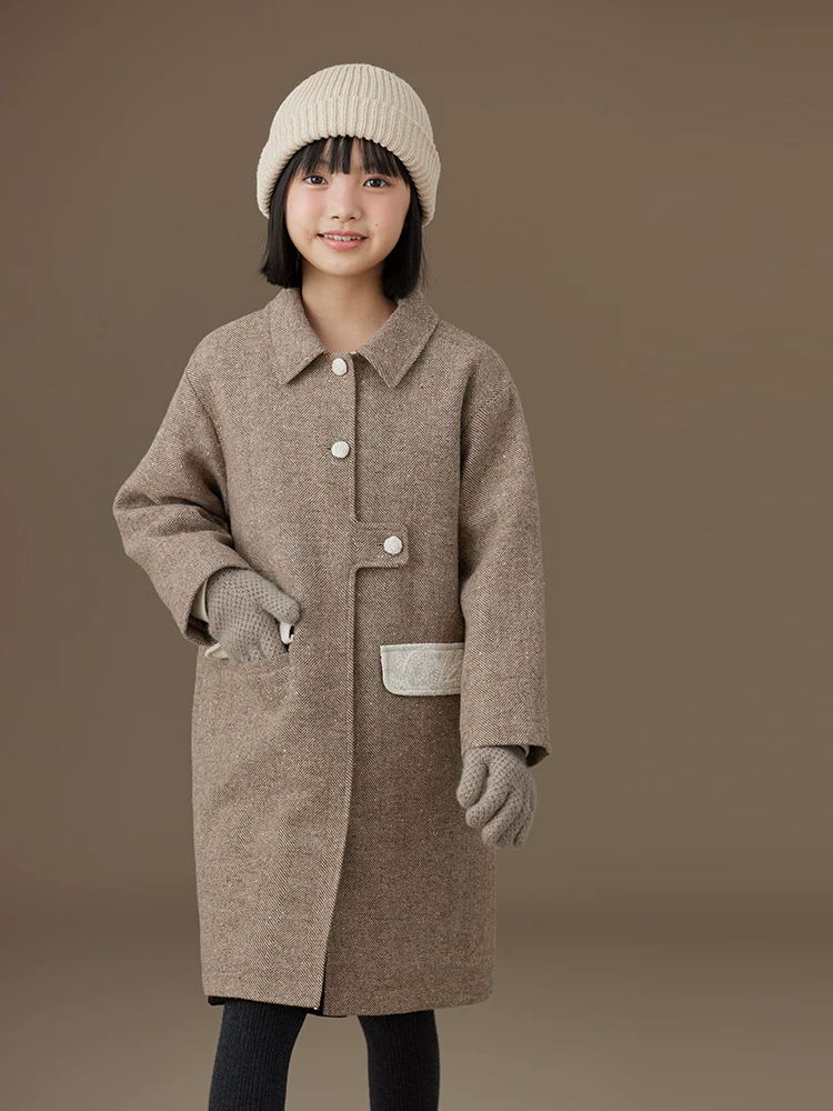 Quần áo trẻ em cho mùa thu đông, áo khoác trench dài trung bình cho bé gái, áo khoác len cho bé gái, trang phục mùa đông mới thời trang cho bé gái.