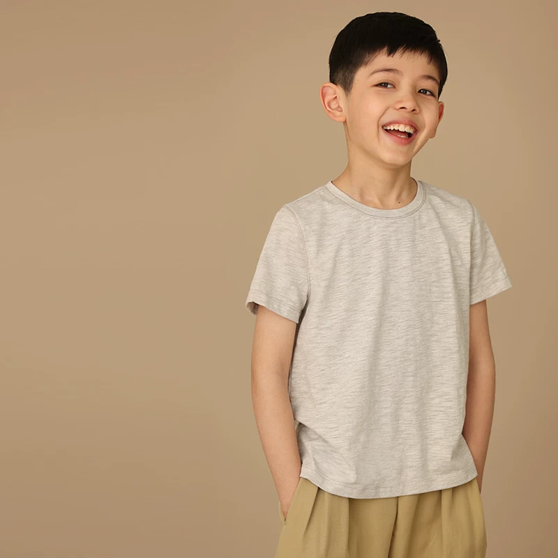 Quần áo trẻ em Hazi Mùa hè Mới về Cotton thân thiện với làn da Màu xám Phong cách cơ bản Áo thun cổ tròn vai thường dành cho cha mẹ và con cái Áo thun ngắn tay khô nhanh