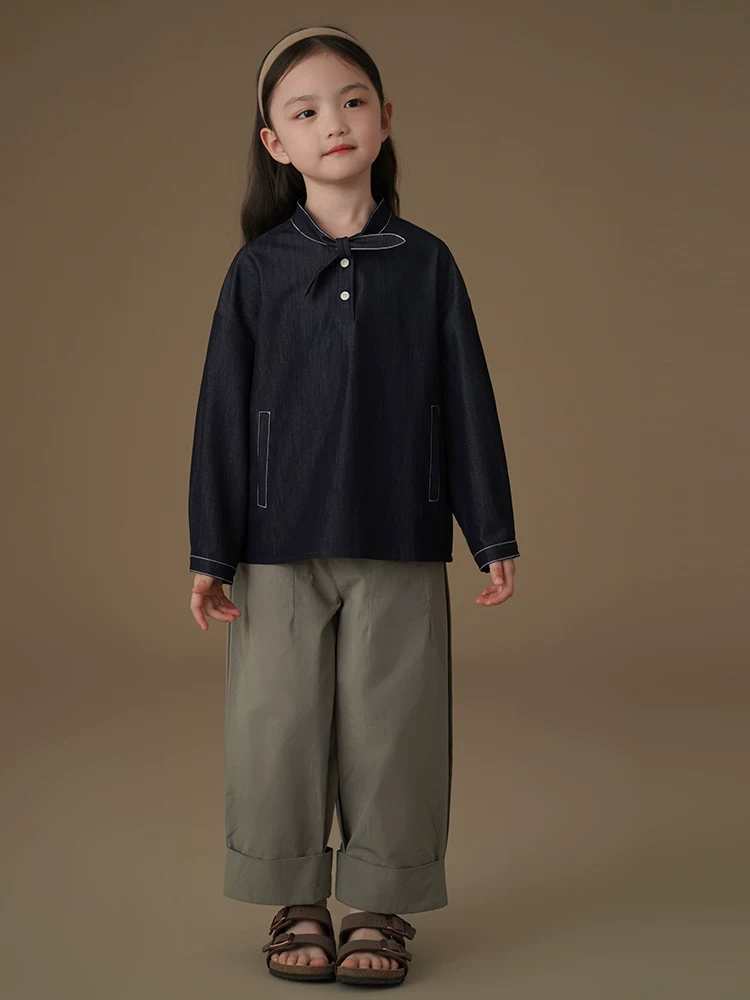 Áo sơ mi denim trẻ em, kiểu dáng mỏng mùa xuân thu, áo đơn giản, năng động dành cho bé gái, thiết kế mới mùa xuân thu 2025.