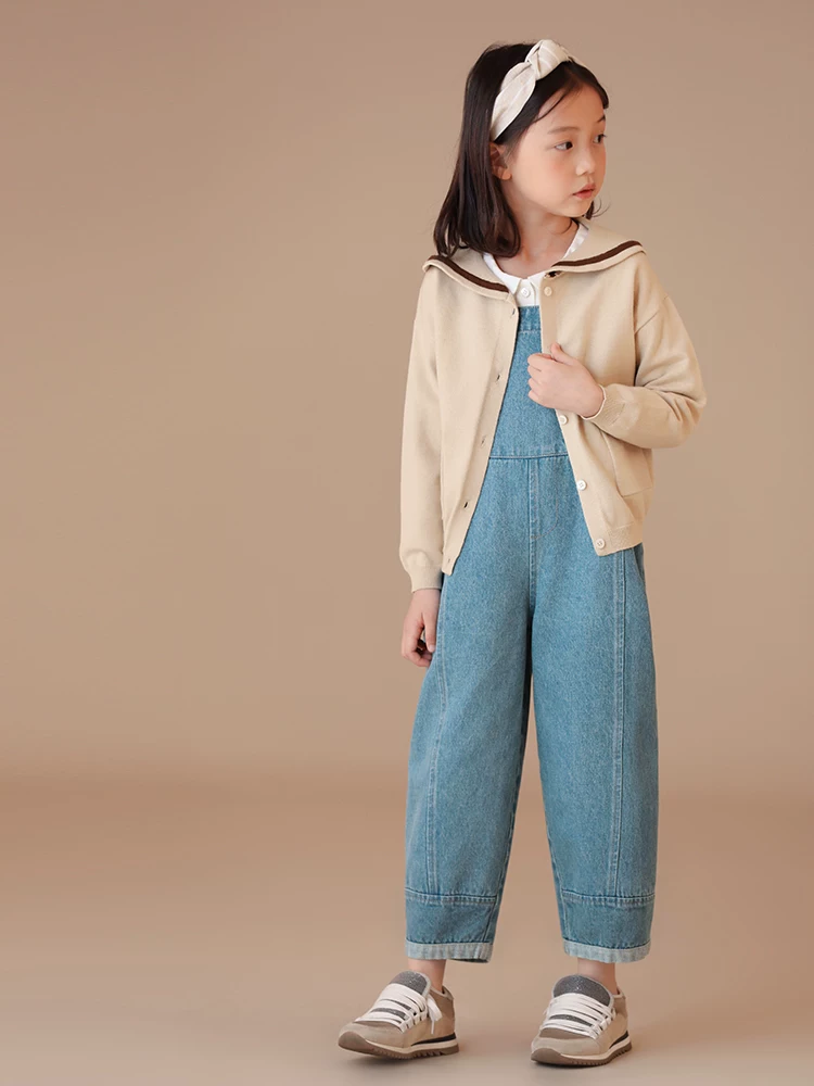 Áo khoác cardigan len cotton phối màu cổ thủy thủ phong cách preppy cho bé gái mùa xuân thu