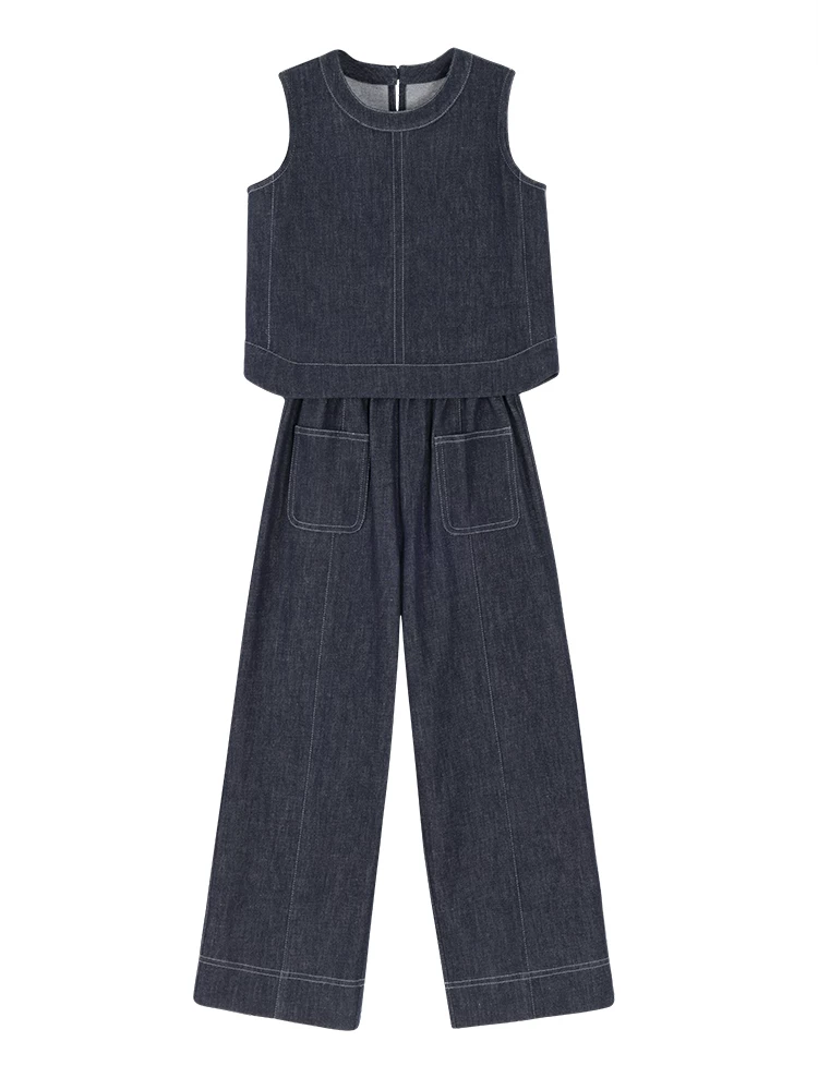 Quần áo trẻ em cho bé gái, áo vest cotton không tay mùa hè, quần ống rộng, bộ denim cho bé gái lớn, cảm giác cao cấp.
