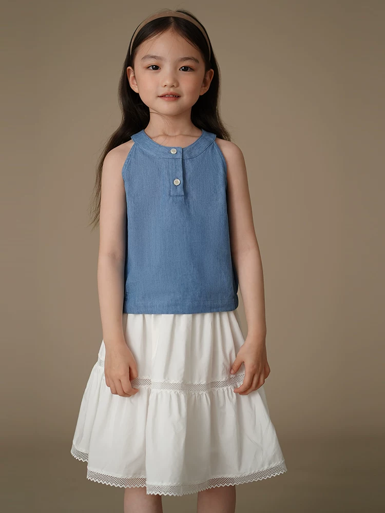 Quần áo trẻ em cho bé gái: áo vest không tay, quần dài đơn giản, đa năng, bộ denim cho trẻ em, kiểu dáng mỏng nhẹ mùa hè.