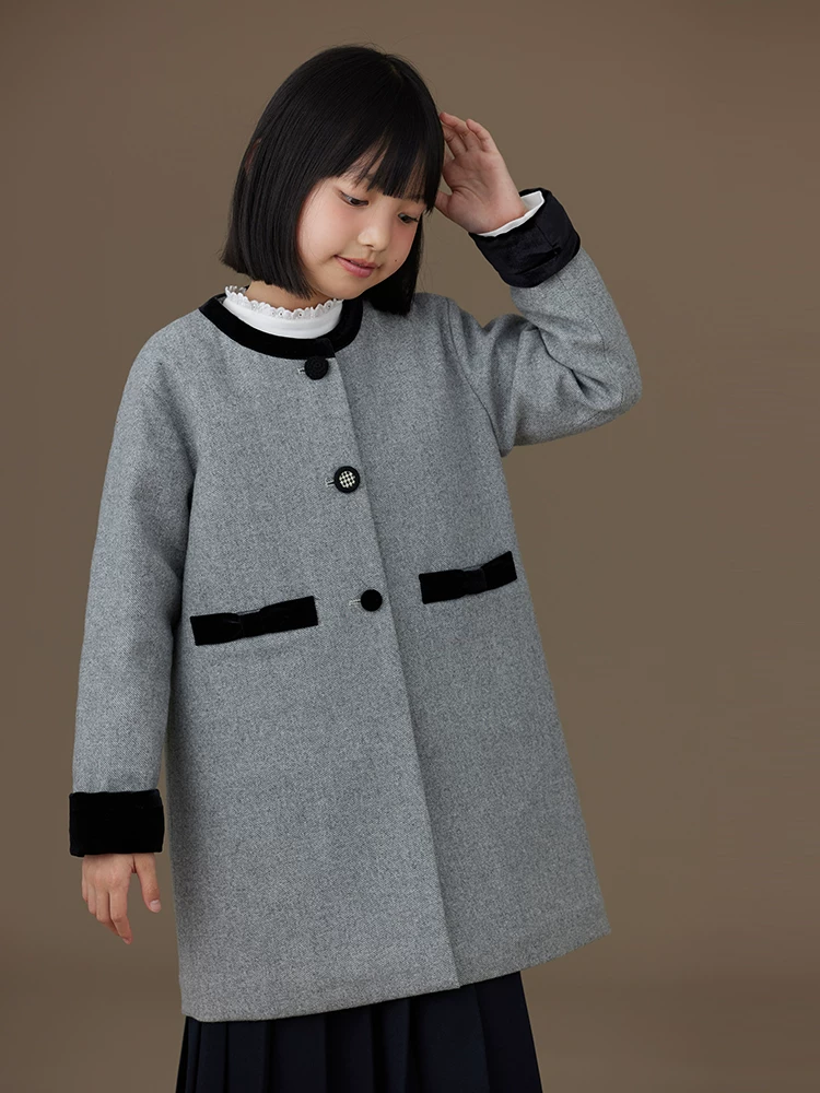 Quần áo trẻ em cho mùa thu đông, áo khoác len kiểu tweed màu xám cho bé gái, áo khoác len dài cho trẻ lớn.