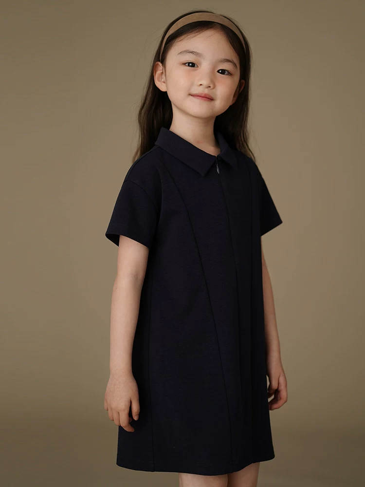 Váy ngắn tay mùa hè cho trẻ em, váy thể thao mát mẻ và thoáng khí, váy polo cho bé gái, phong cách học sinh màu xanh hải quân.