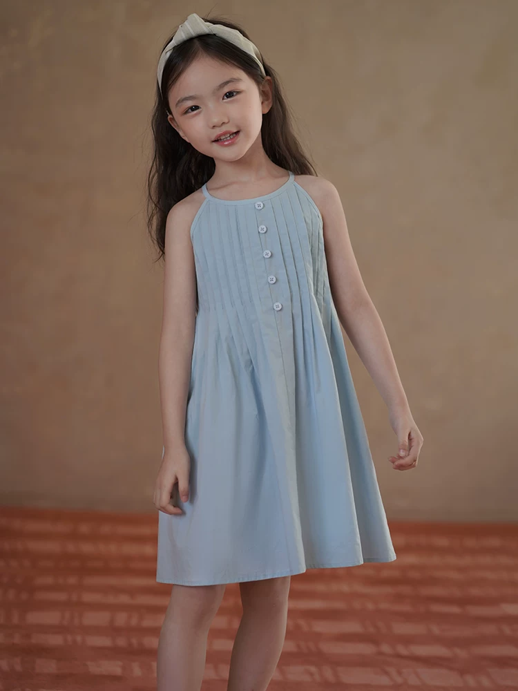Quần áo trẻ em Hazi Váy trẻ em bằng cotton thân thiện với da Váy dây mỏng mùa hè Váy dài vừa phải cho bé gái Cảm giác đơn giản và cao cấp