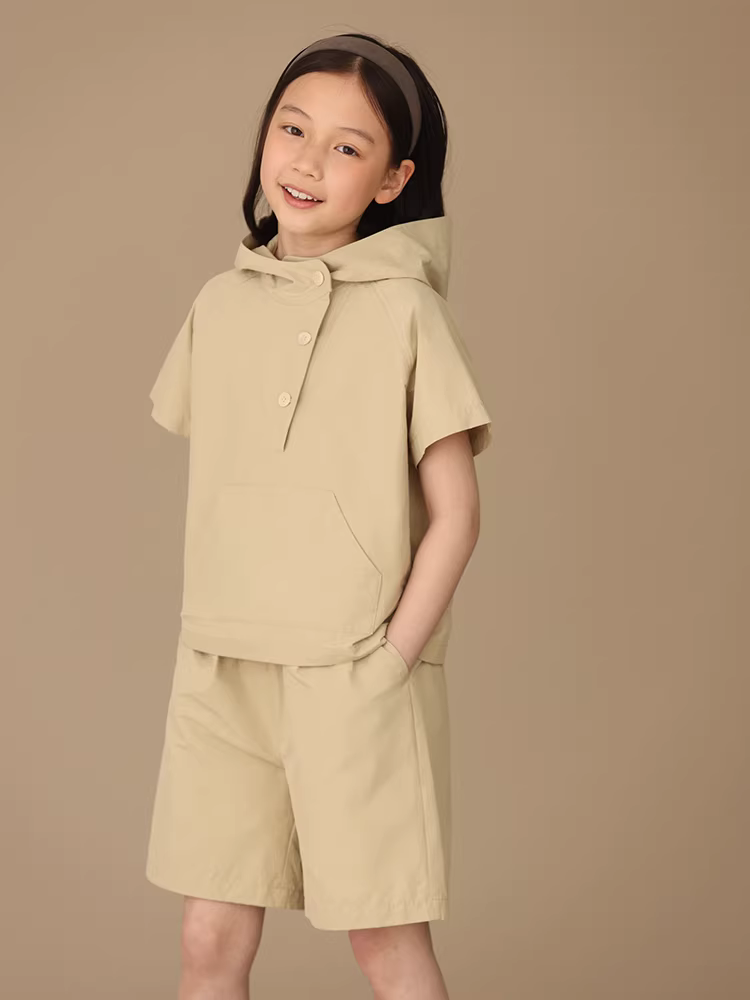 Quần áo trẻ em Hazi mùa hè cotton cổ đứng có mũ trùm đầu đi chơi ngoài trời quần short phong cách cha mẹ và con cái Bộ đồ hai mảnh ngắn tay cho trẻ em