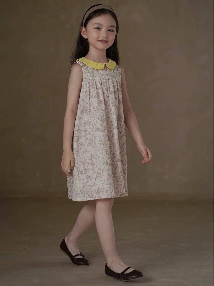 Quần áo trẻ em Hazi Váy dài vừa phải cho trẻ em phong cách Hàn Quốc Váy dài vừa phải bằng vải cotton màu khối Váy cổ búp bê Váy ba lỗ cho bé gái Mùa hè