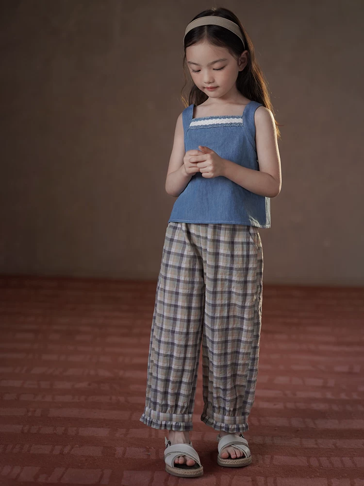 Quần mỏng mùa hè cho trẻ em, quần dài kẻ sọc ren cotton thân thiện với làn da cho bé gái, quần chống muỗi cho bé gái.