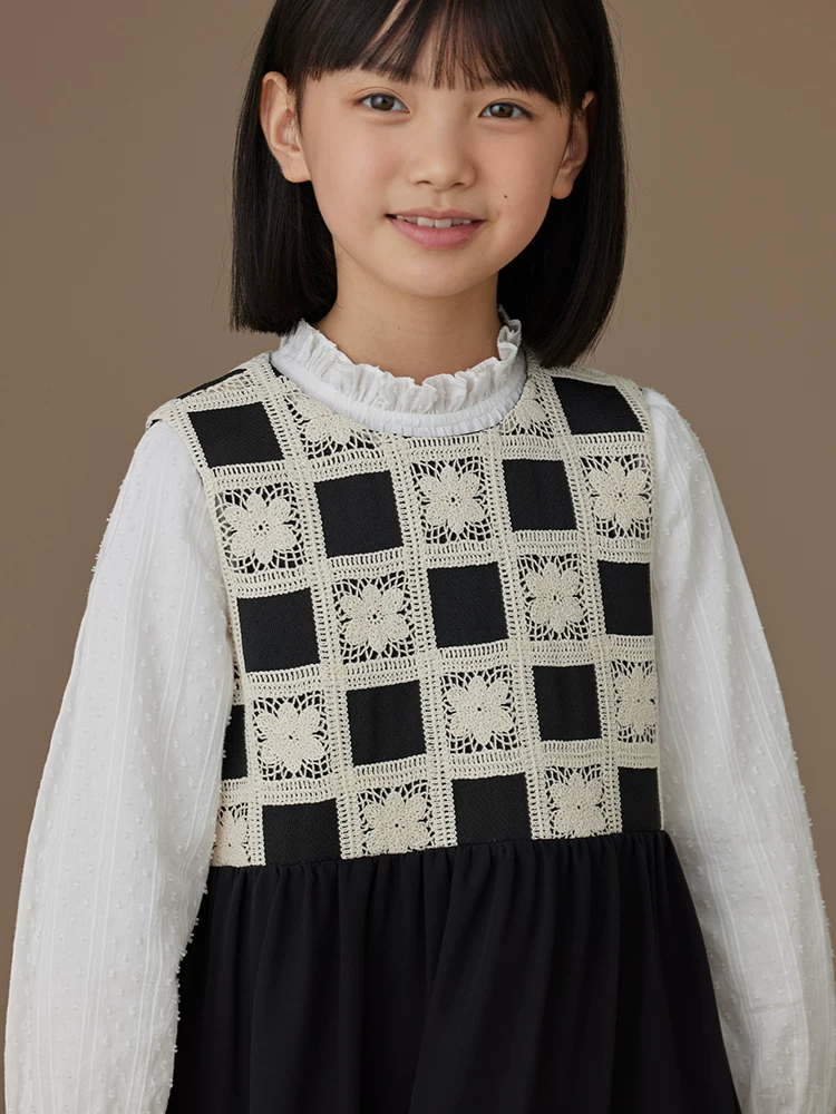Quần áo trẻ em Ha Chi Váy vest thêu xuân thu Váy kẻ caro màu sắc phối hợp thanh lịch dành cho bé gái lớn hơn