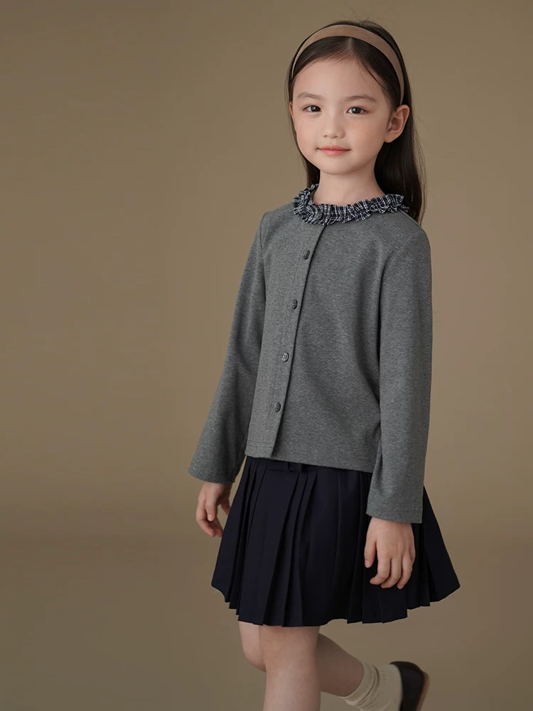 Quần áo trẻ em áo len dệt kim mùa xuân thu màu xám phong cách Hàn Quốc áo khoác mỏng đơn giản kiểu cổ điển dành cho bé gái lớn hơn