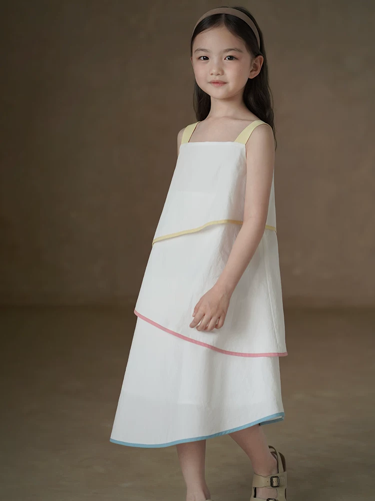 Quần áo trẻ em mùa hè, váy cotton thân thiện với làn da cho bé gái, váy dài có dây đeo cho bé gái, phong cách đi nghỉ.
