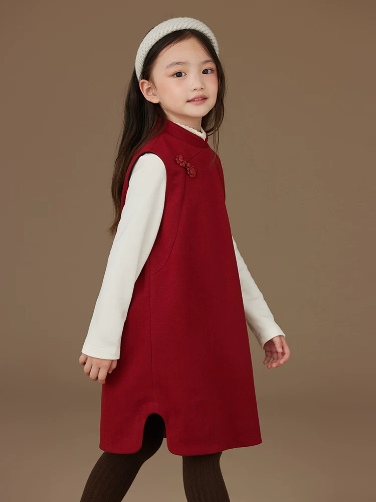 Quần áo trẻ em mùa thu đông váy trẻ em đơn giản màu đỏ lễ hội trang phục năm mới cho bé gái váy vest phong cách Trung Hoa mới cho bé gái
