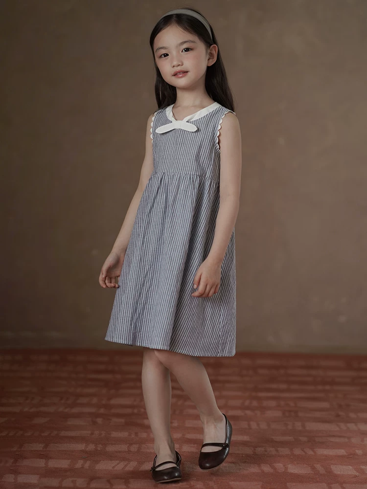 Váy trẻ em mỏng mùa hè, váy cotton dài vừa thân thiện với làn da, váy hai dây sọc cho bé gái lớn hơn.